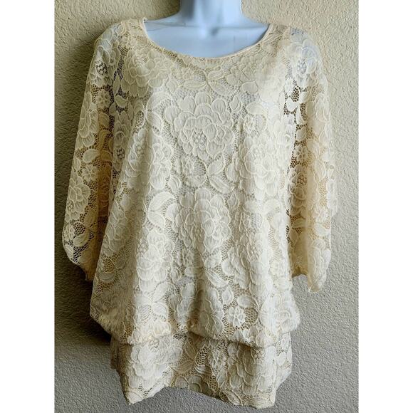 Brittany Black Cream Lace Overlay Dolman Sleeve Top XL Lightweight Soft Flowy - Picture 1 of 5